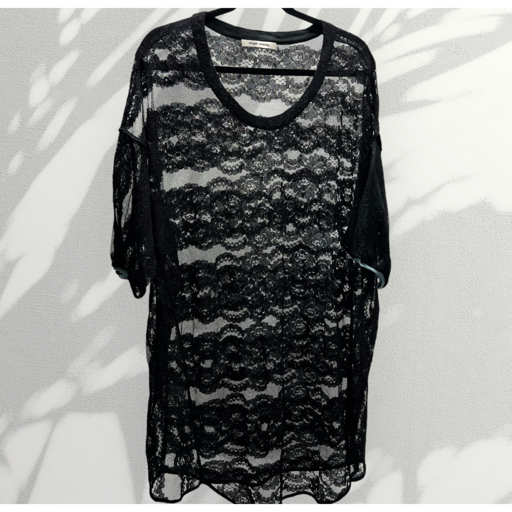 Viga Wang Black Lace Swim Cover Up Scoop Neck Short Sleeve One Size